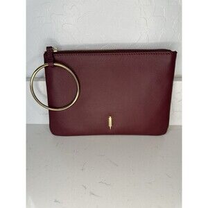 Thacker Burgundy Leather Wristlet Clutch Bag Gold Ring Handle Zip Pouch